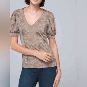 White House Black Market Gray and Brown Puff Sleeve Top
